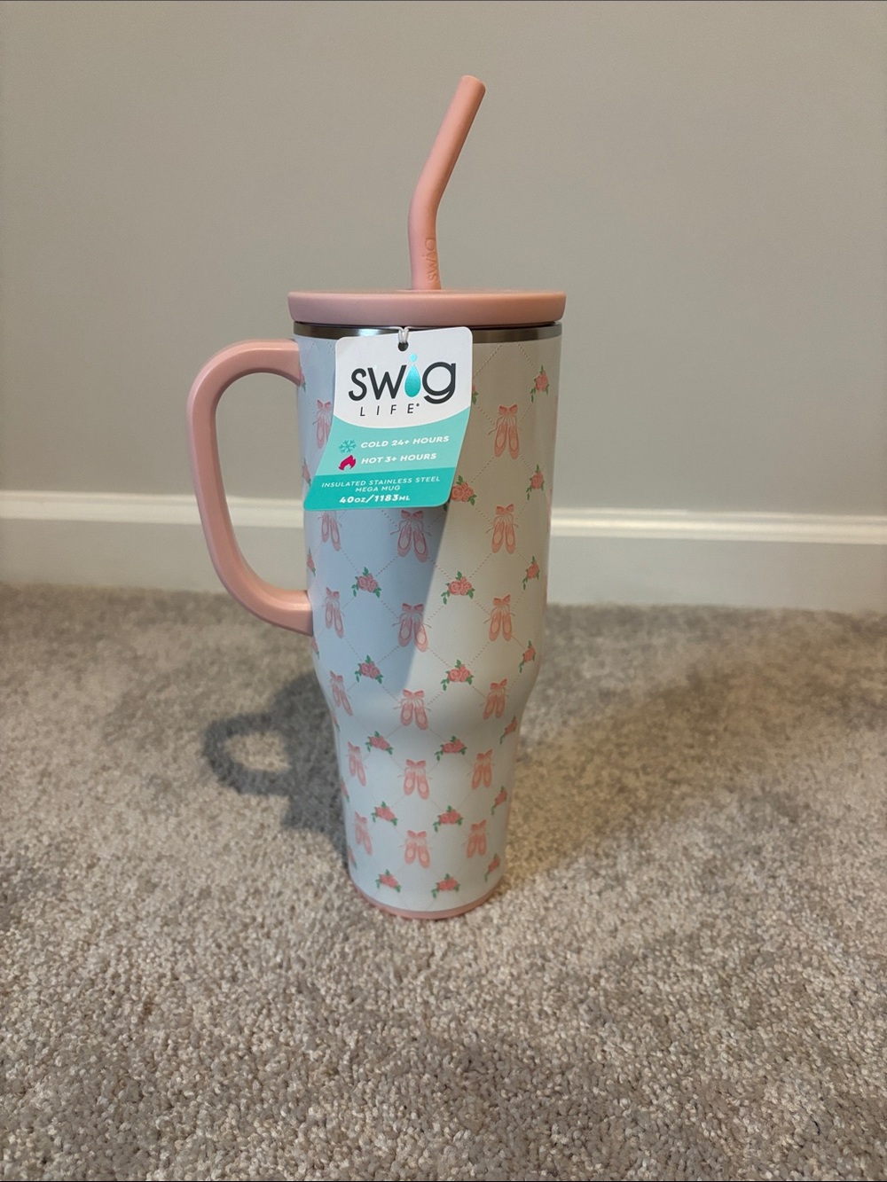 Swig Life Pink Ballet Flats Pattern Travel Tumbler with Handle